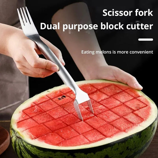 2 In 1 Multi-Purpose Portable Watermelon Slicer Cutter Knife Stainless Steel Kitchen Fruit Cutting Fork