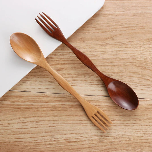 2-in-1 Natural Wood Cutlery – Dual-Head Soup Spoon & Fork, Eco-Friendly Tableware for Kitchen & Dining