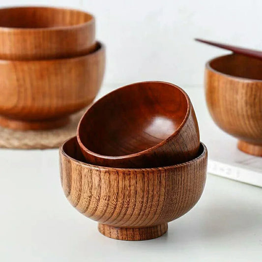 1Pc Small Wooden Bowl – Round Japanese-Style Bowl for Rice, Soup, Snacks, Fruit, Dessert & Noodles