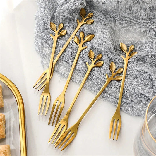 6Pcs Creative Gold Stainless Steel Leaf-Shaped Dessert Forks – Appetizer, Fruit, and Snack Flatware Set