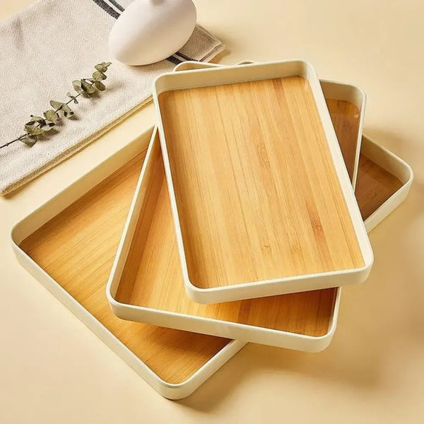 PP Rectangular Anti-Slip Serving Tray – Imitation Wood Grain Dinner Plate for Teacups, Kettle & Household Use