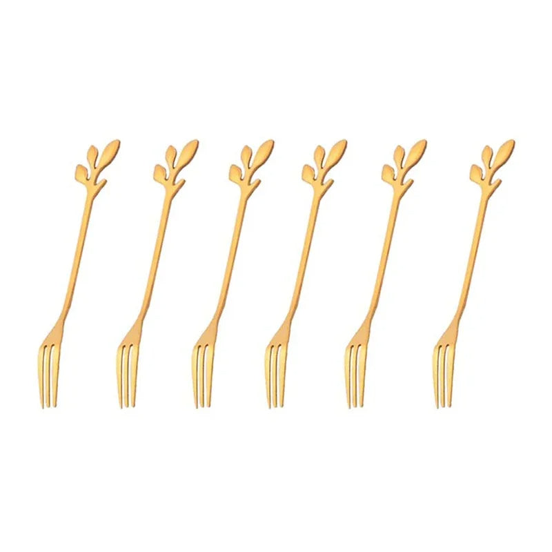 6Pcs Creative Gold Stainless Steel Leaf-Shaped Dessert Forks – Appetizer, Fruit, and Snack Flatware Set