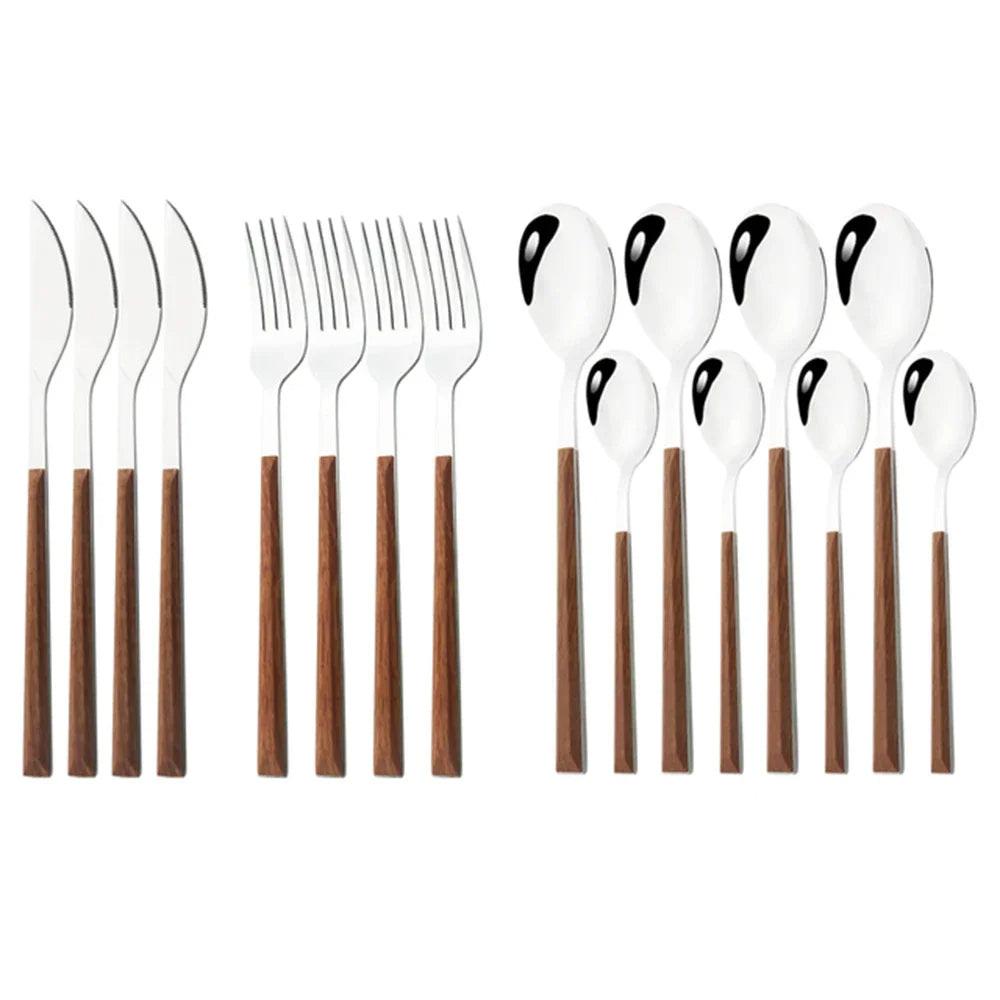 16/24/30Pcs Stainless Steel Cutlery Set – Imitation Wooden Handle Western Tableware with Knife, Fork, Spoon & Tea Spoon