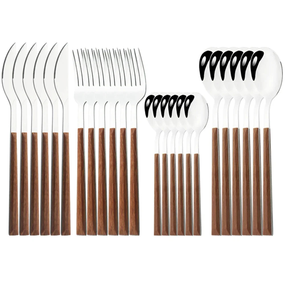 16/24/30Pcs Stainless Steel Cutlery Set – Imitation Wooden Handle Western Tableware with Knife, Fork, Spoon & Tea Spoon
