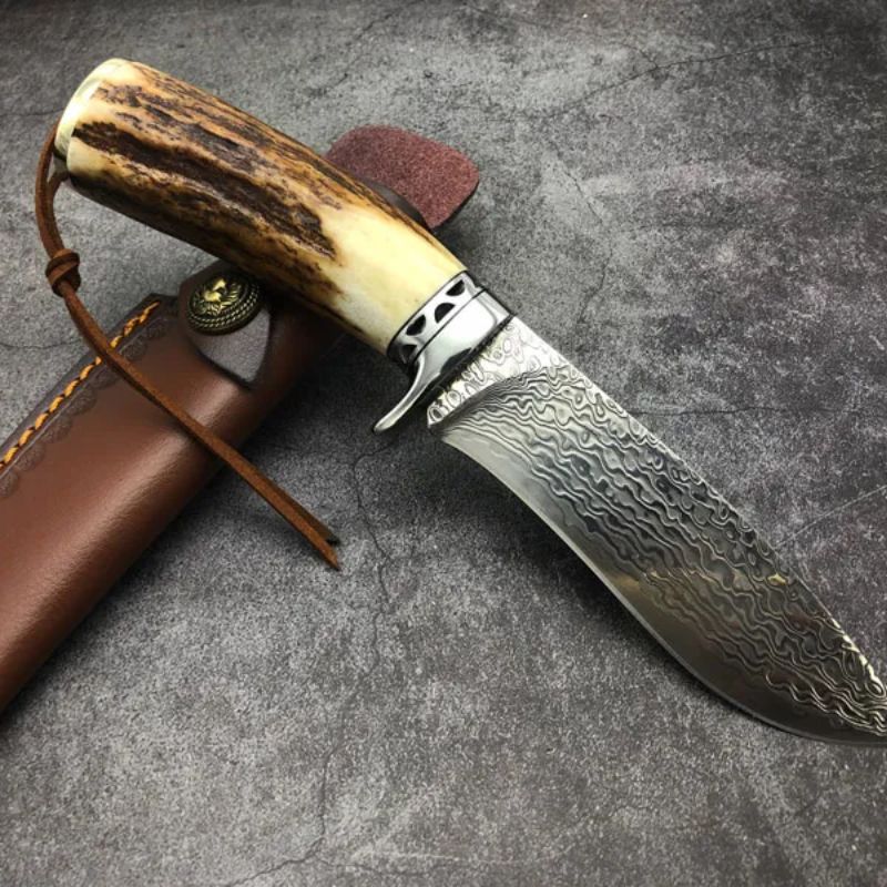 Handmade VG10 Damascus  With Leather for Camping Outdoor Hunting - Kemp Knives™