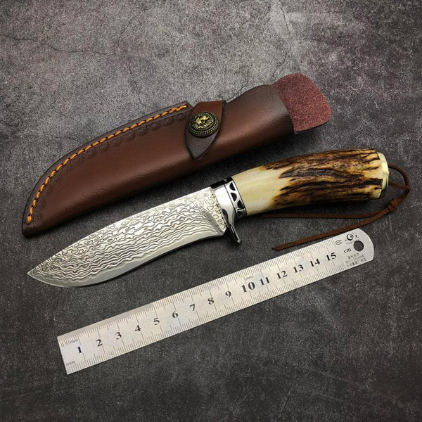 Handmade VG10 Damascus  With Leather for Camping Outdoor Hunting - Kemp Knives™